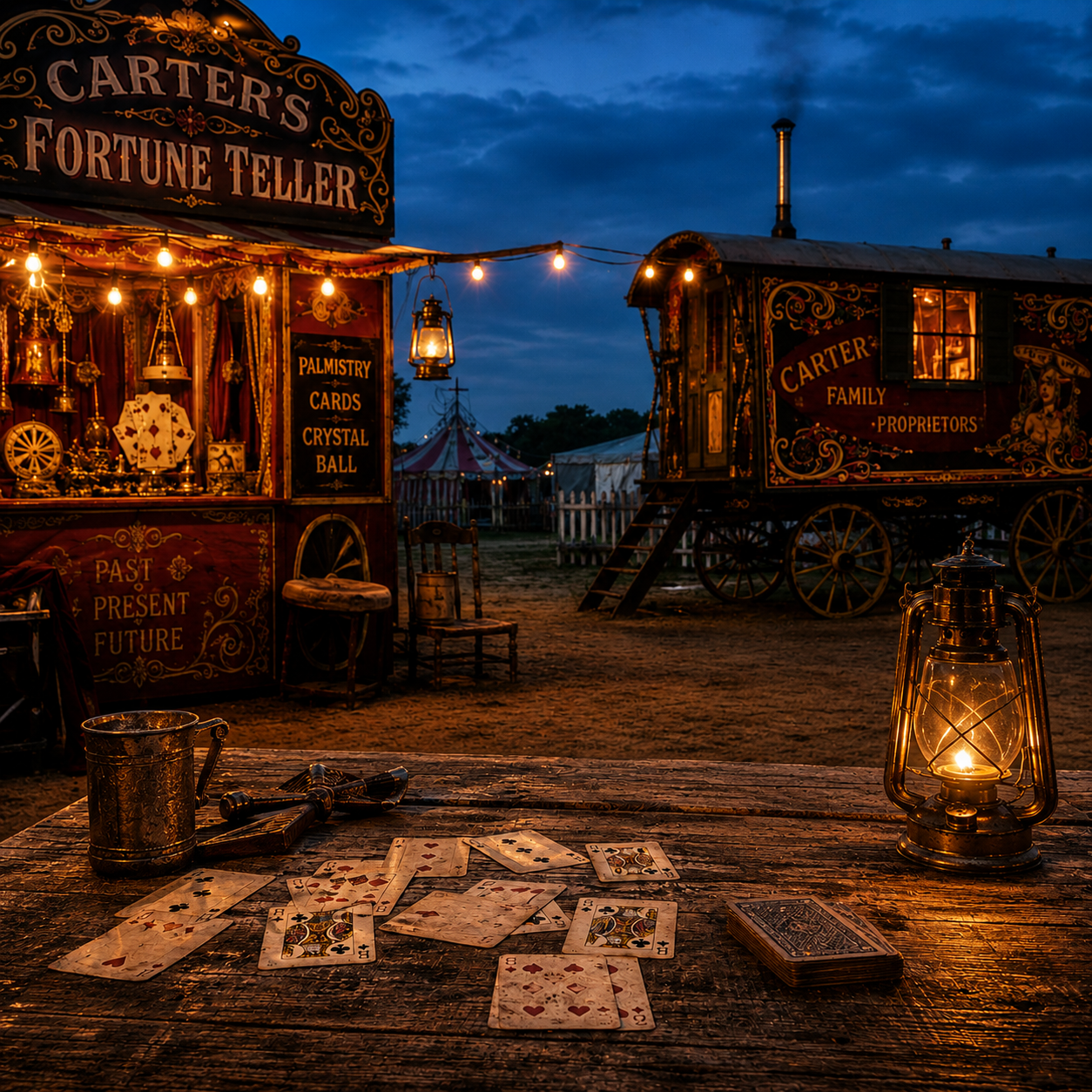 Traditional travelling fairground heritage scene representing Dusty's route from the fairground to the reading table