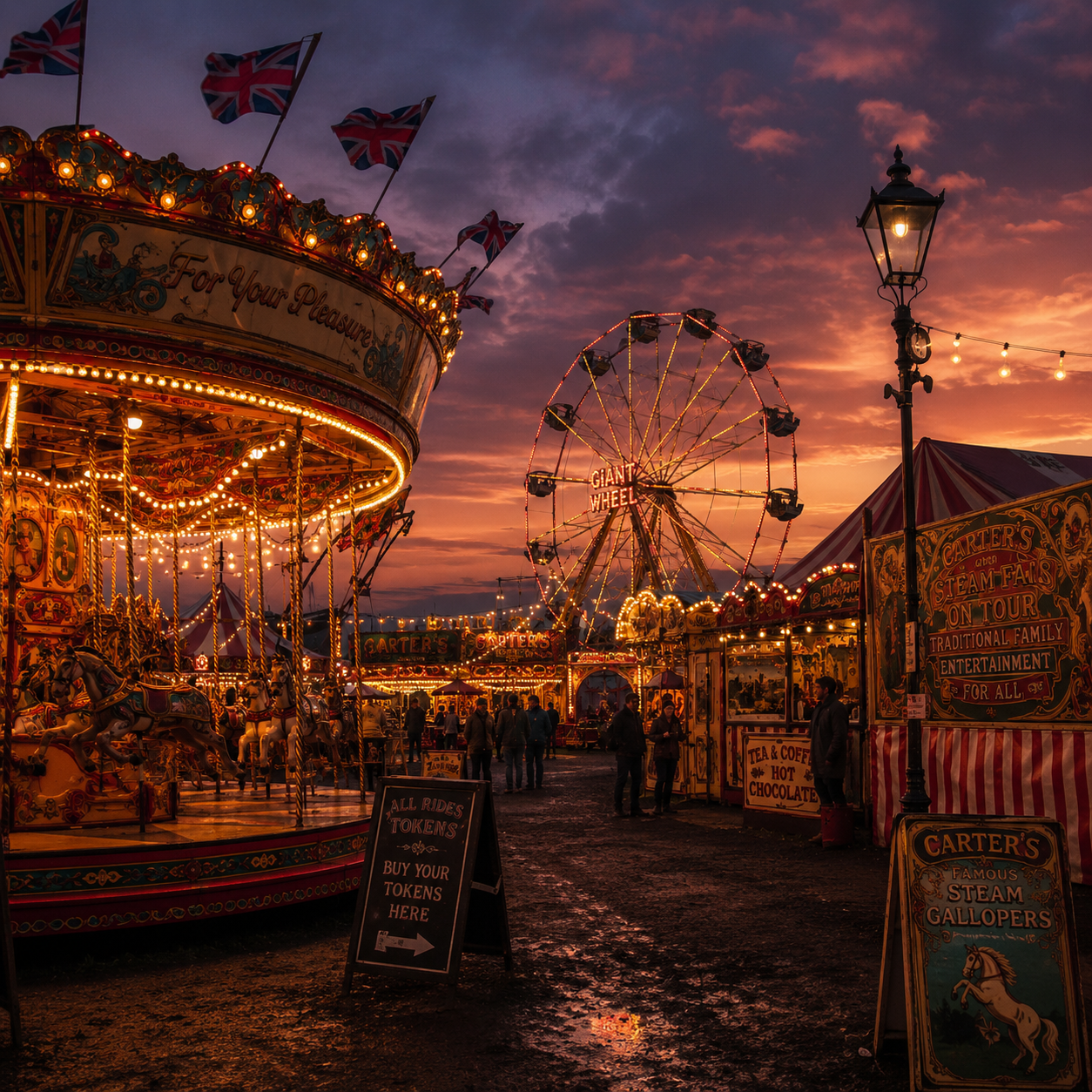 Atmospheric traditional British travelling fairground at twilight with warm bulbs, rides and stalls