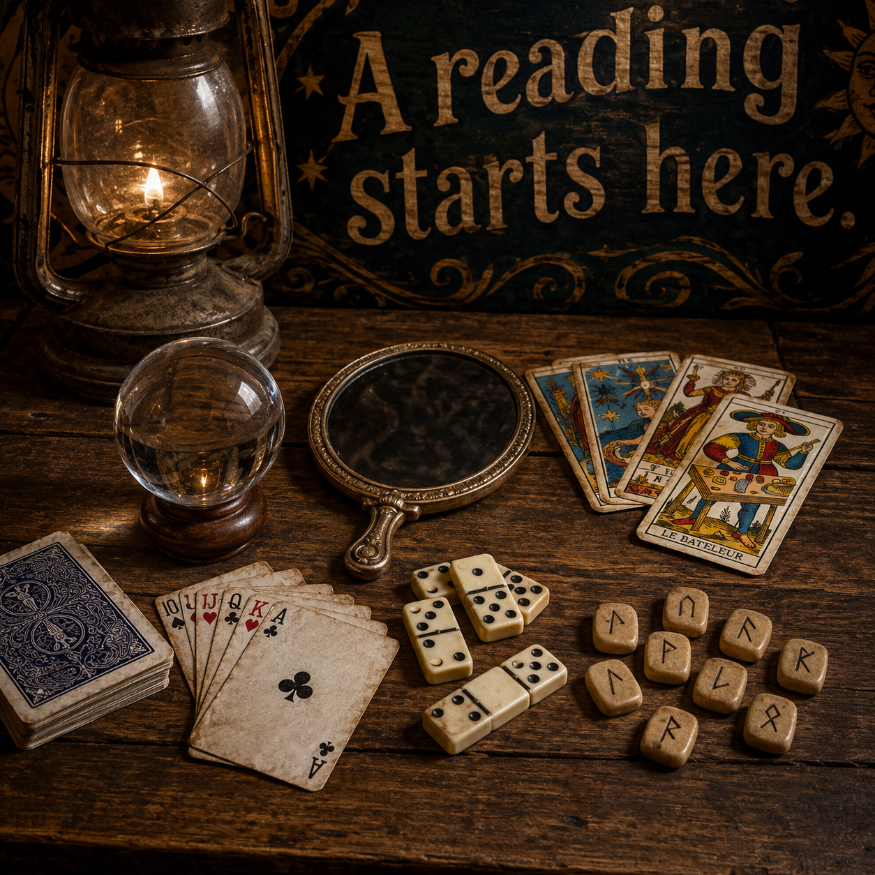 Crystal ball, black scrying mirror, Tarot de Marseille, dominoes and traditional playing cards arranged on a reading table for dusty at the table