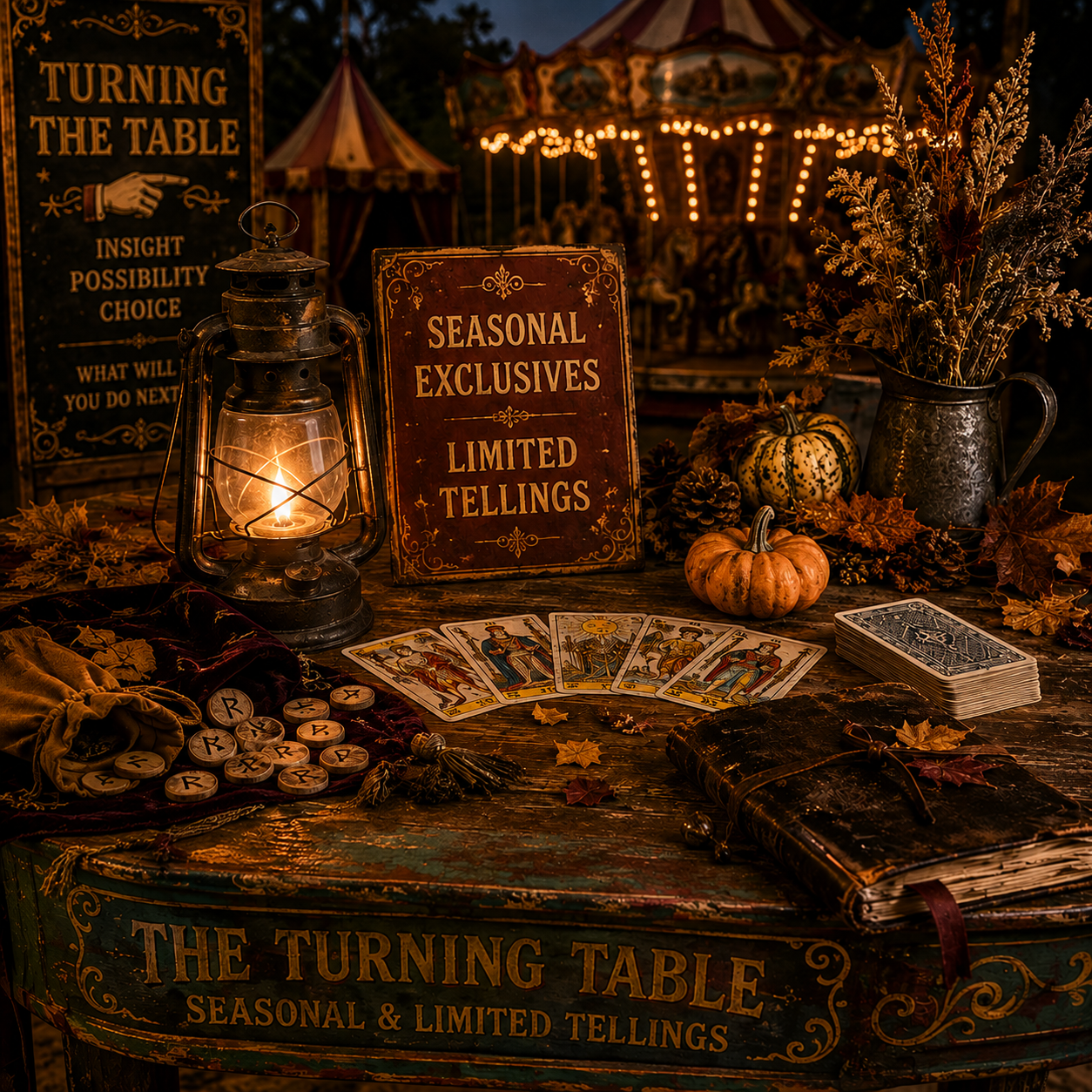 Lantern, traditional cards and seasonal objects on an atmospheric reading table