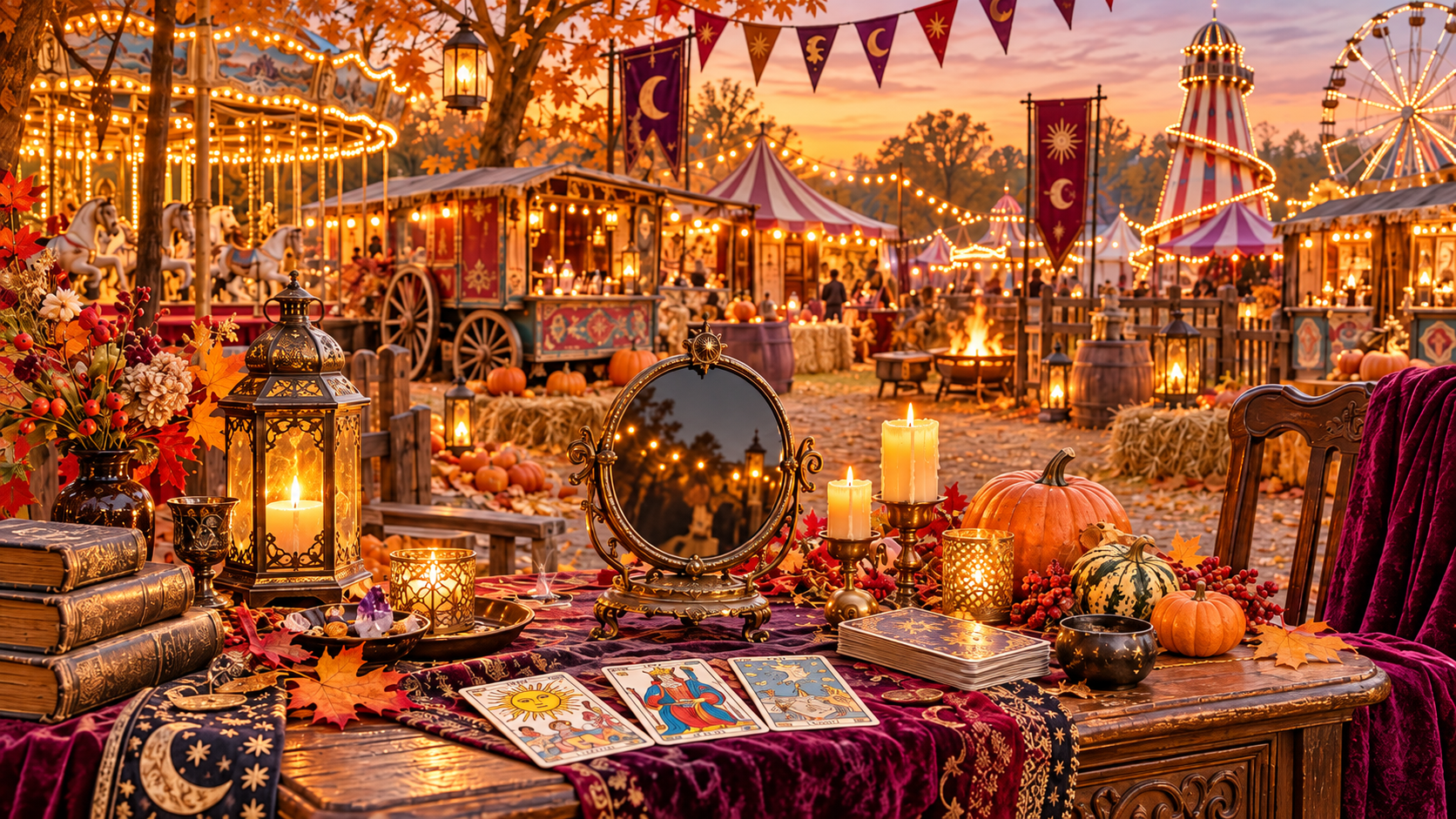 Halloween fairground and divination table after dark